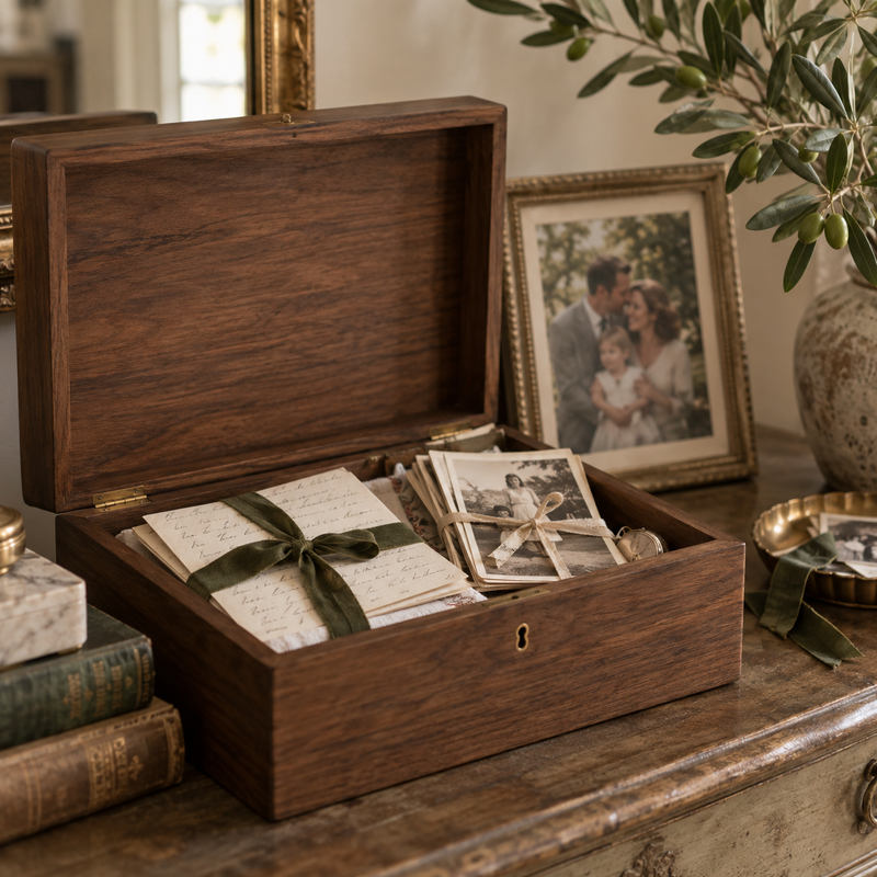 A wooden keepsake box with family photos and letters