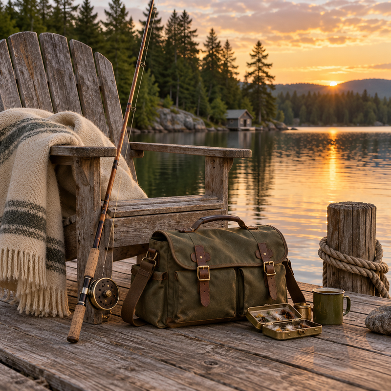 Fishing gear and a chair overlooking a peaceful lake