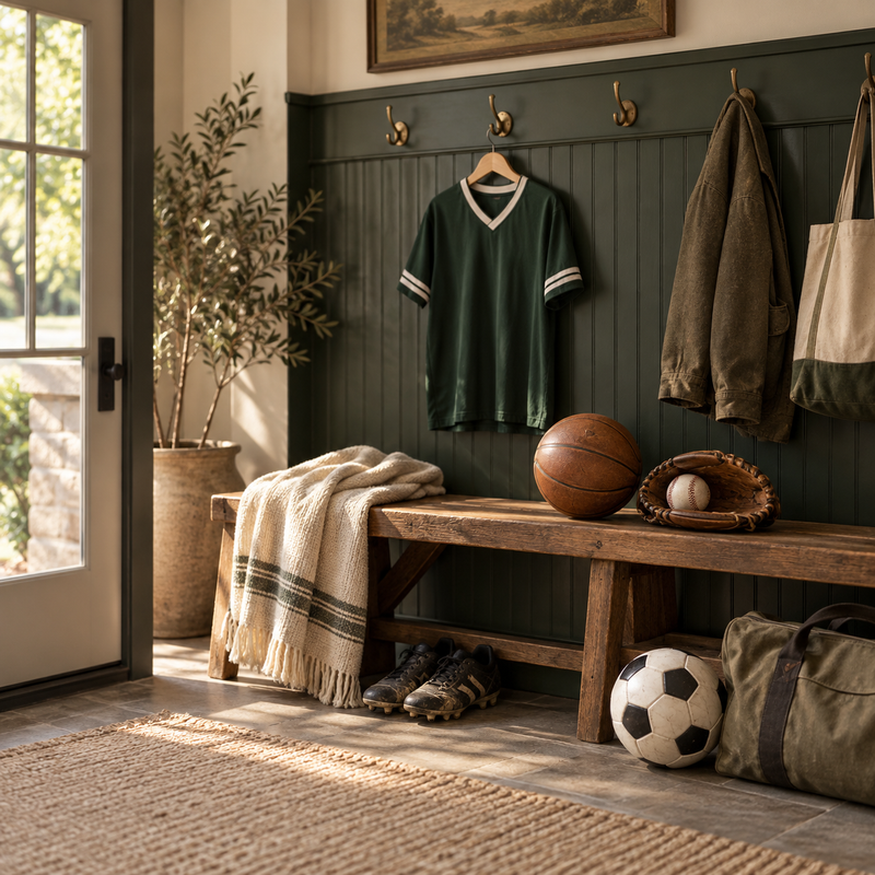 A family mudroom with a jersey, sports equipment, and a sideline blanket