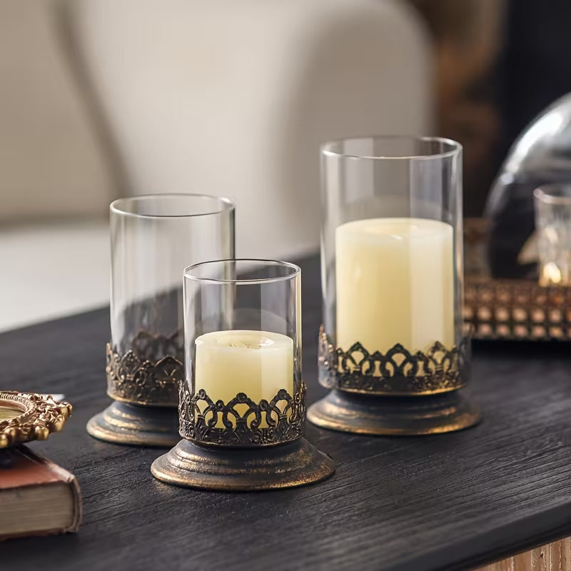 Antique Gold Glass Hurricane Candle Holders — Set of 3