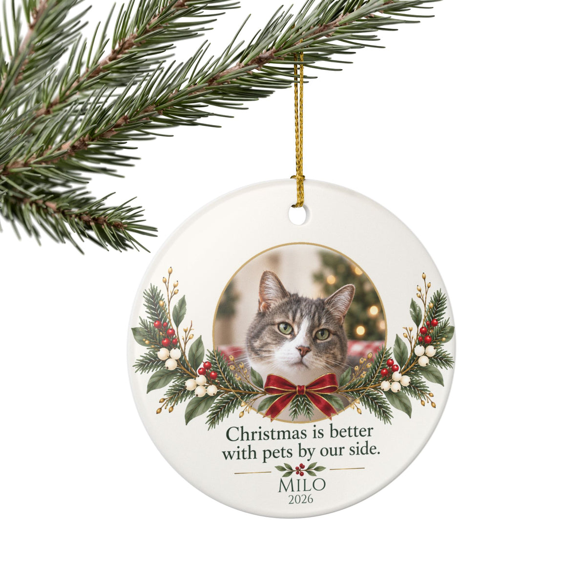 Personalized Pet Photo Christmas Ornament — Name & Year