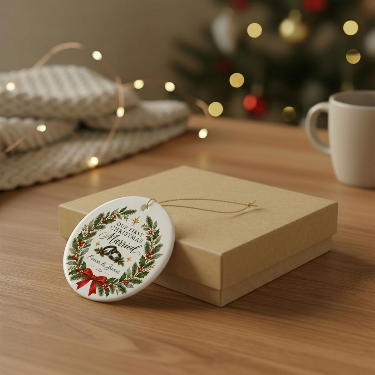 Personalized Our First Christmas Married Ornament, Custom Names & Year, Newlywed Wreath Keepsake, Wedding Gift for Couples