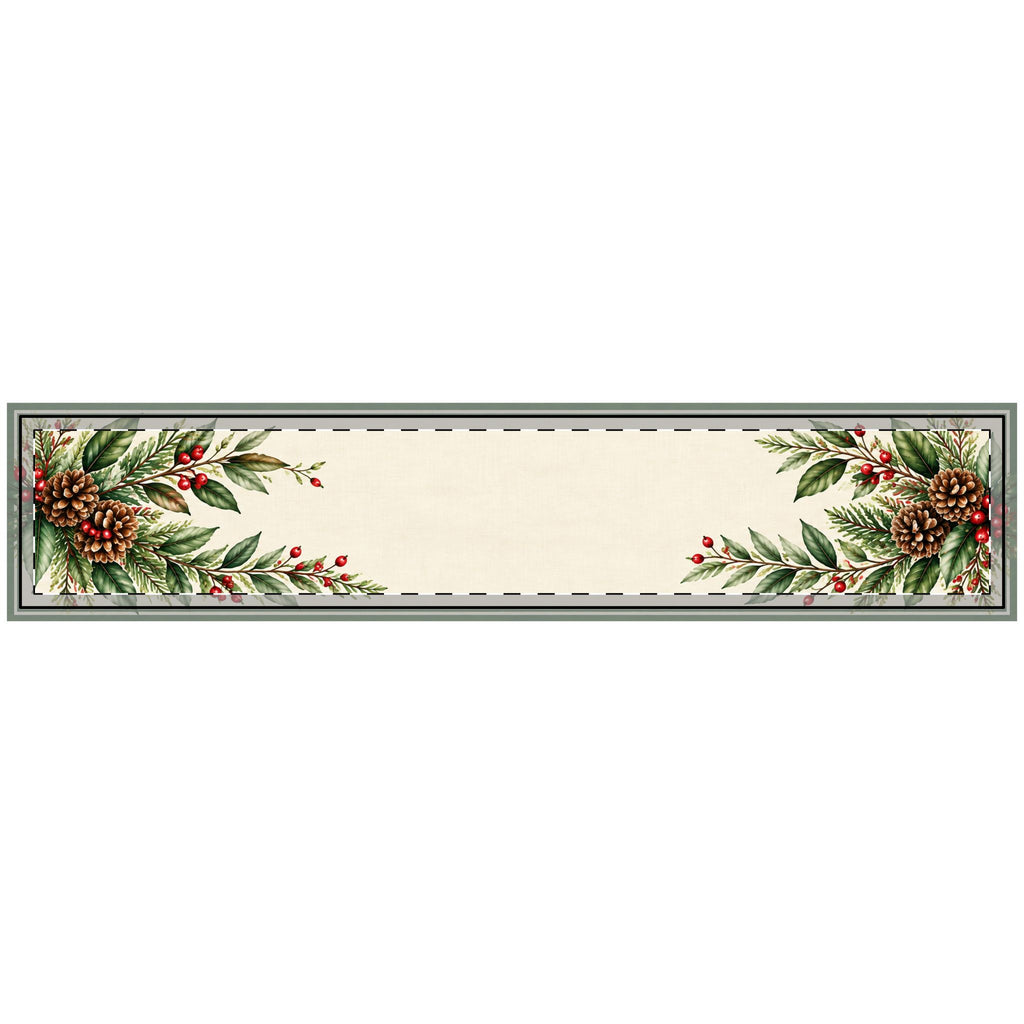 Christmas Evergreen quilted table runner, 14 x 72 inches, ivory center with evergreen, pinecone and red berry ends