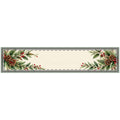 Christmas Evergreen quilted table runner, 14 x 72 inches, ivory center with evergreen, pinecone and red berry ends