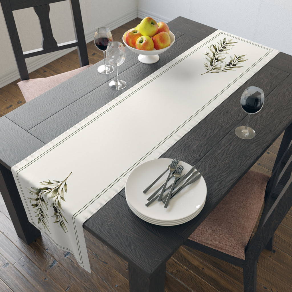 Olive Branch Table Runner, Ivory and Green Botanical Dining Decor, 16 × 72 Inches