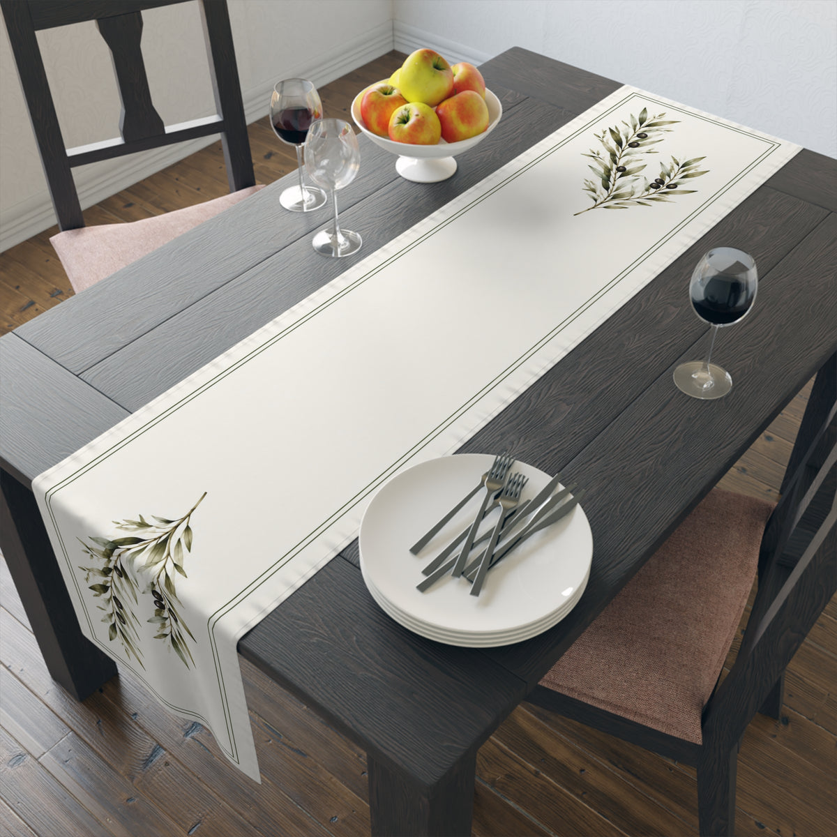 Olive Branch Table Runner, Ivory and Green Botanical Dining Decor, 16 × 72 Inches