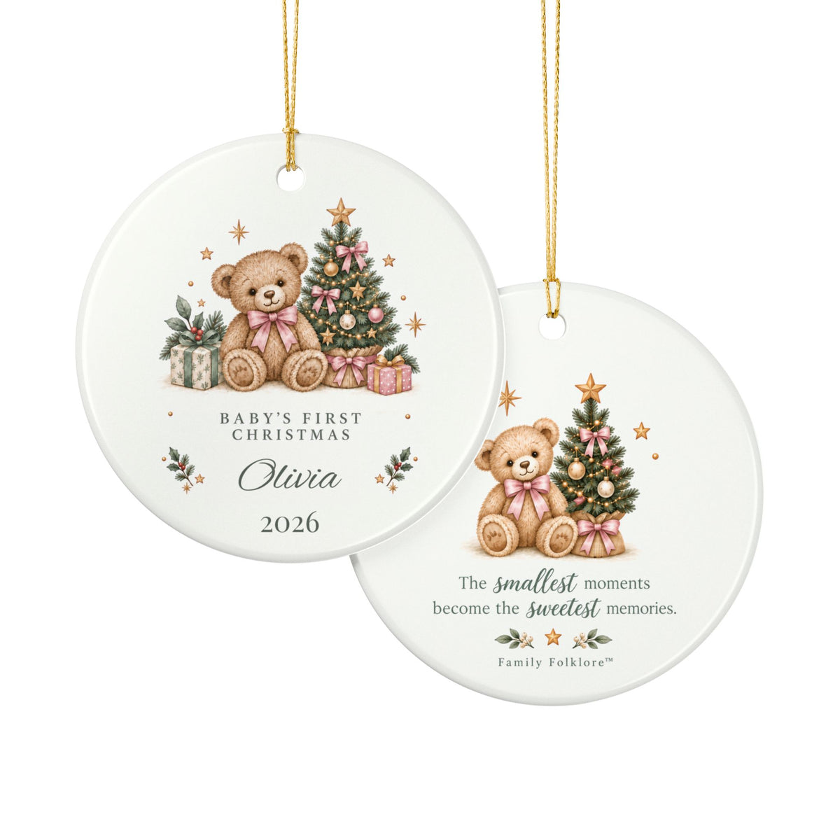 Personalized Baby Girl’s First Christmas Ornament — Pink Teddy Bear