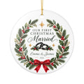 Personalized Our First Christmas Married Ornament, Custom Names & Year, Newlywed Wreath Keepsake, Wedding Gift for Couples