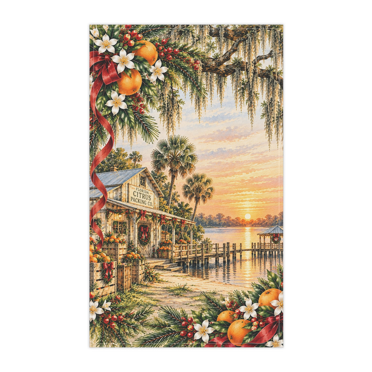 Old Florida Christmas Tea Towel, Vintage Citrus Packing House Watercolor Kitchen Towel, Florida Holiday Decor