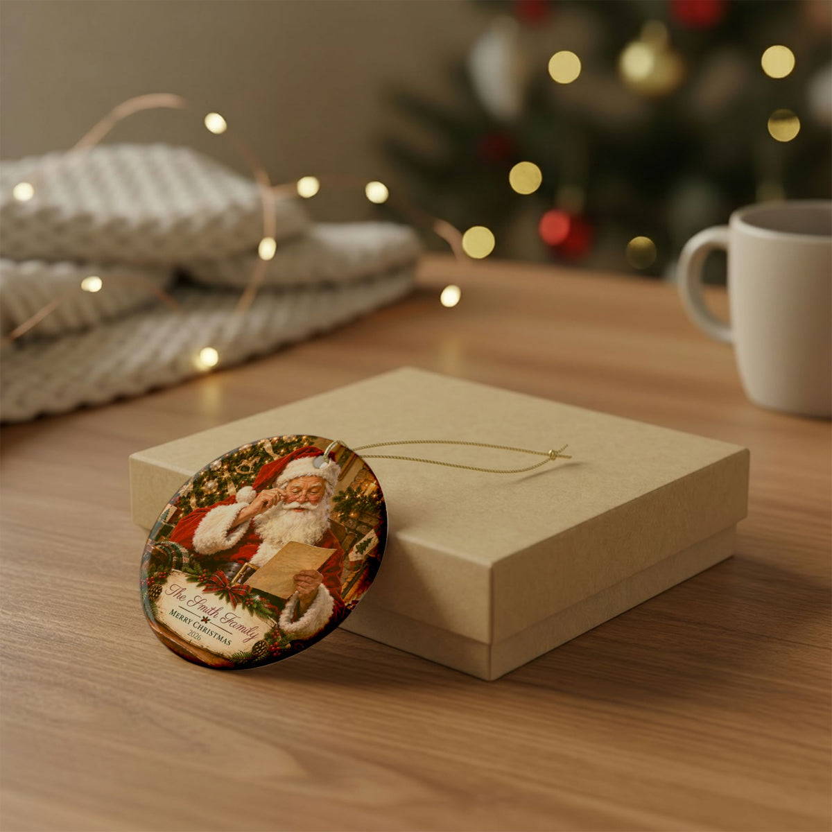 Personalized Family Christmas Ornament, Custom Last Name and Year, Santa Keepsake, Double-Sided Matte Ceramic Ornament