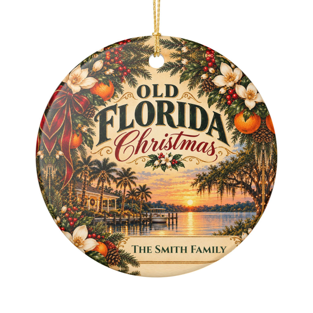 Personalized Old Florida Christmas Ornament, Custom Family Name or Year, Florida Christmas Keepsake, Palm Tree Coastal Gift