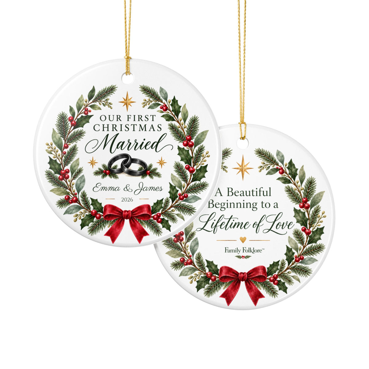 Personalized Our First Christmas Married Ornament, Custom Names & Year, Newlywed Wreath Keepsake, Wedding Gift for Couples