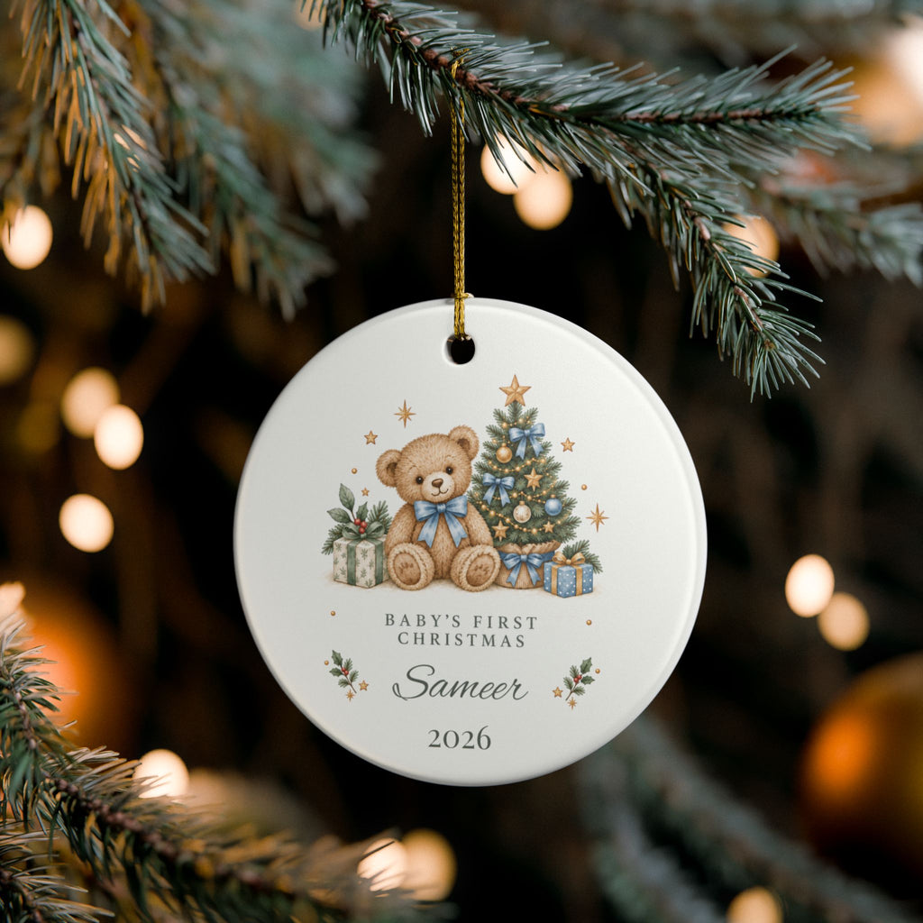 Boy Personalized Baby's First Christmas Ornament, Teddy Bear & Christmas Tree, Custom Name and Year, New Baby Keepsake Gift