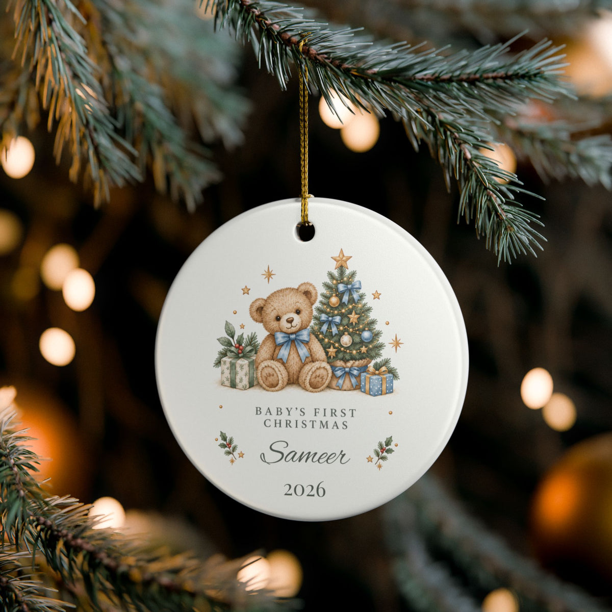 Boy Personalized Baby's First Christmas Ornament, Teddy Bear & Christmas Tree, Custom Name and Year, New Baby Keepsake Gift