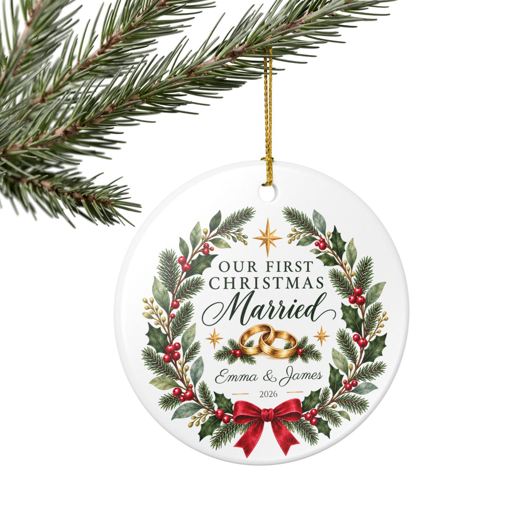 Personalized Our First Christmas Married Ornament — Gold, Silver or Black