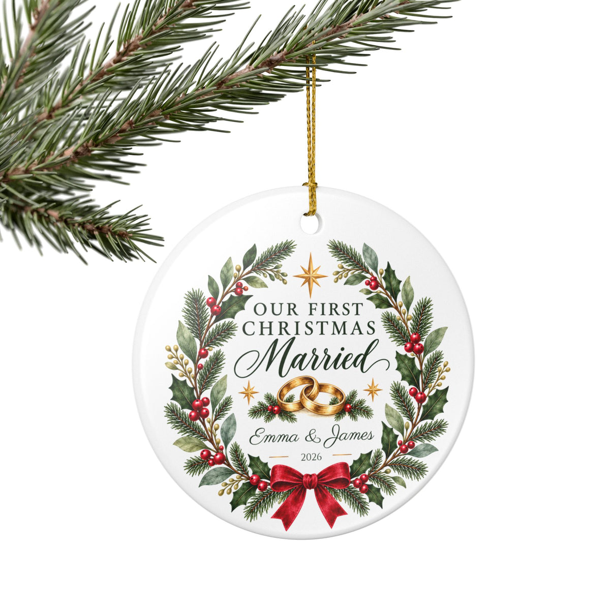 Personalized Our First Christmas Married Ornament — Gold, Silver or Black
