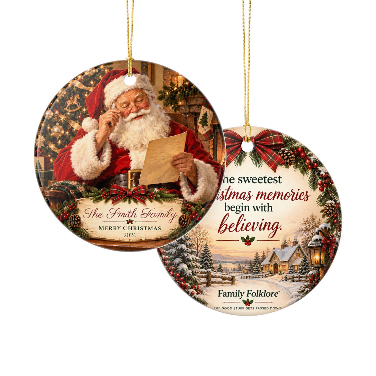 Personalized Family Christmas Ornament, Custom Last Name and Year, Santa Keepsake, Double-Sided Matte Ceramic Ornament