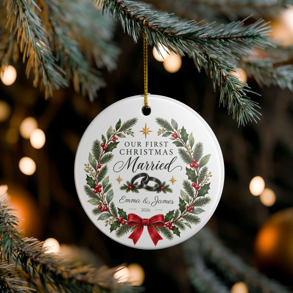 Personalized Our First Christmas Married Ornament, Custom Names & Year, Newlywed Wreath Keepsake, Wedding Gift for Couples
