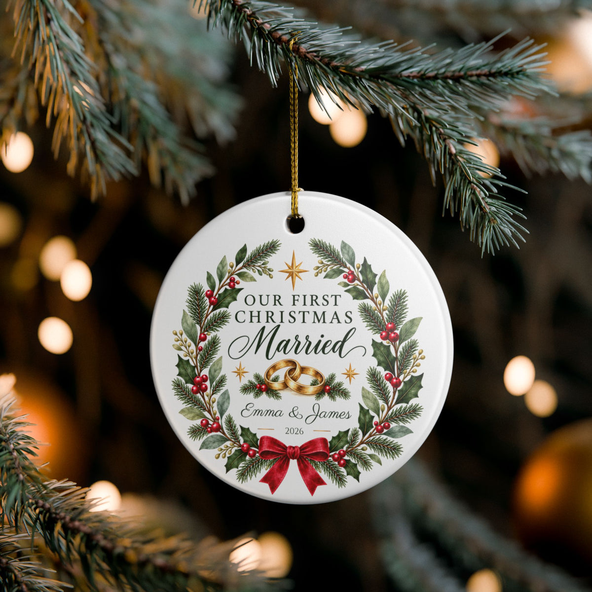 Personalized Our First Christmas Married Ornament — Gold, Silver or Black