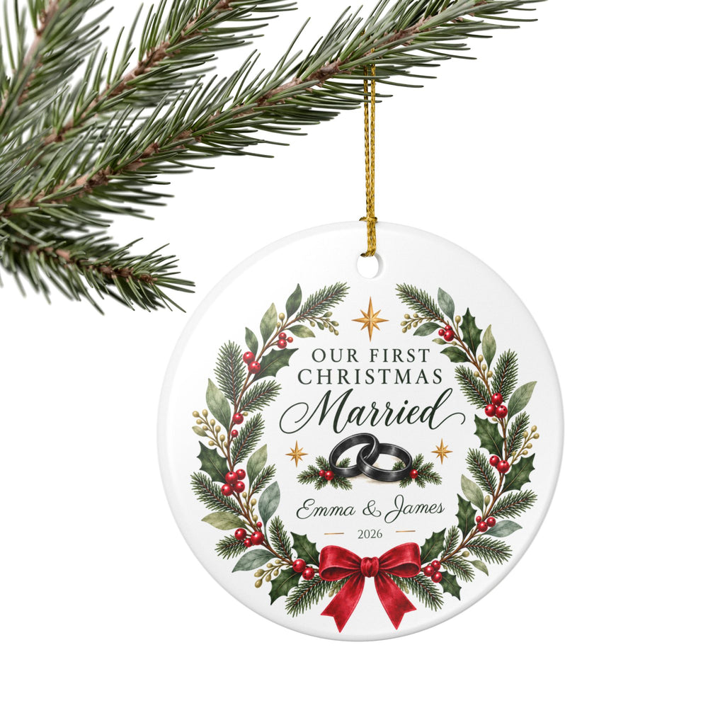 Personalized Our First Christmas Married Ornament, Custom Names & Year, Newlywed Wreath Keepsake, Wedding Gift for Couples