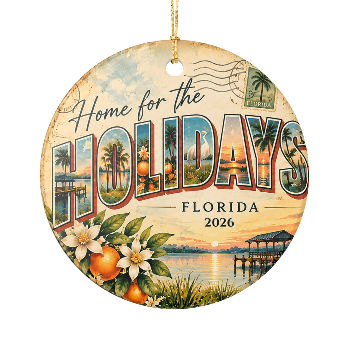 Personalized Home for the Holidays Florida Christmas Ornament, Custom Year, Vintage Postcard Keepsake by Family Folklore™