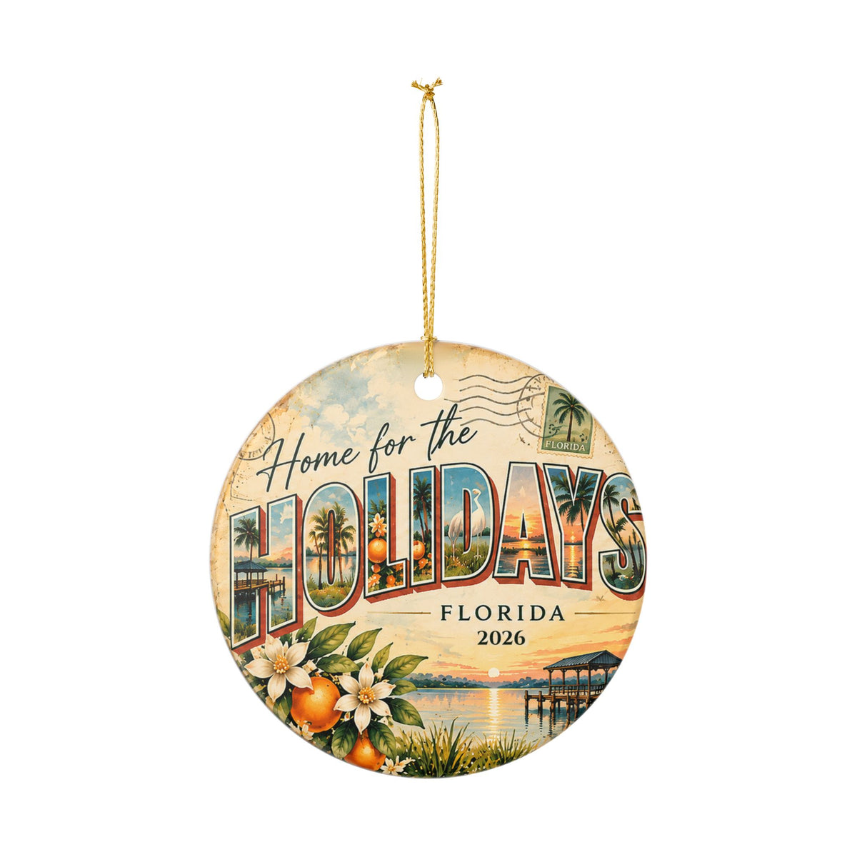 Personalized Home for the Holidays Florida Christmas Ornament, Custom Year, Vintage Postcard Keepsake by Family Folklore™