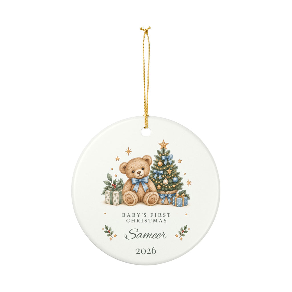 Boy Personalized Baby's First Christmas Ornament, Teddy Bear & Christmas Tree, Custom Name and Year, New Baby Keepsake Gift