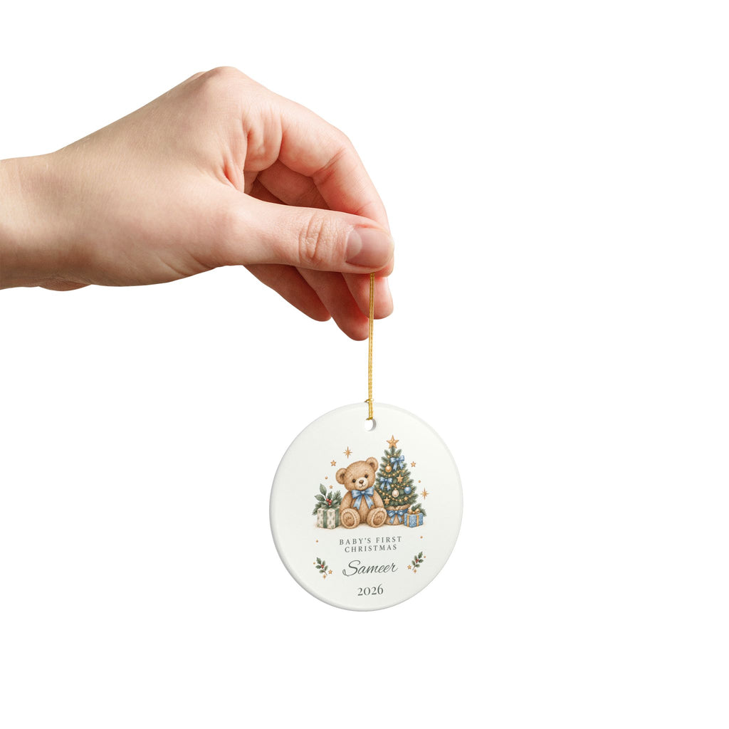 Boy Personalized Baby's First Christmas Ornament, Teddy Bear & Christmas Tree, Custom Name and Year, New Baby Keepsake Gift