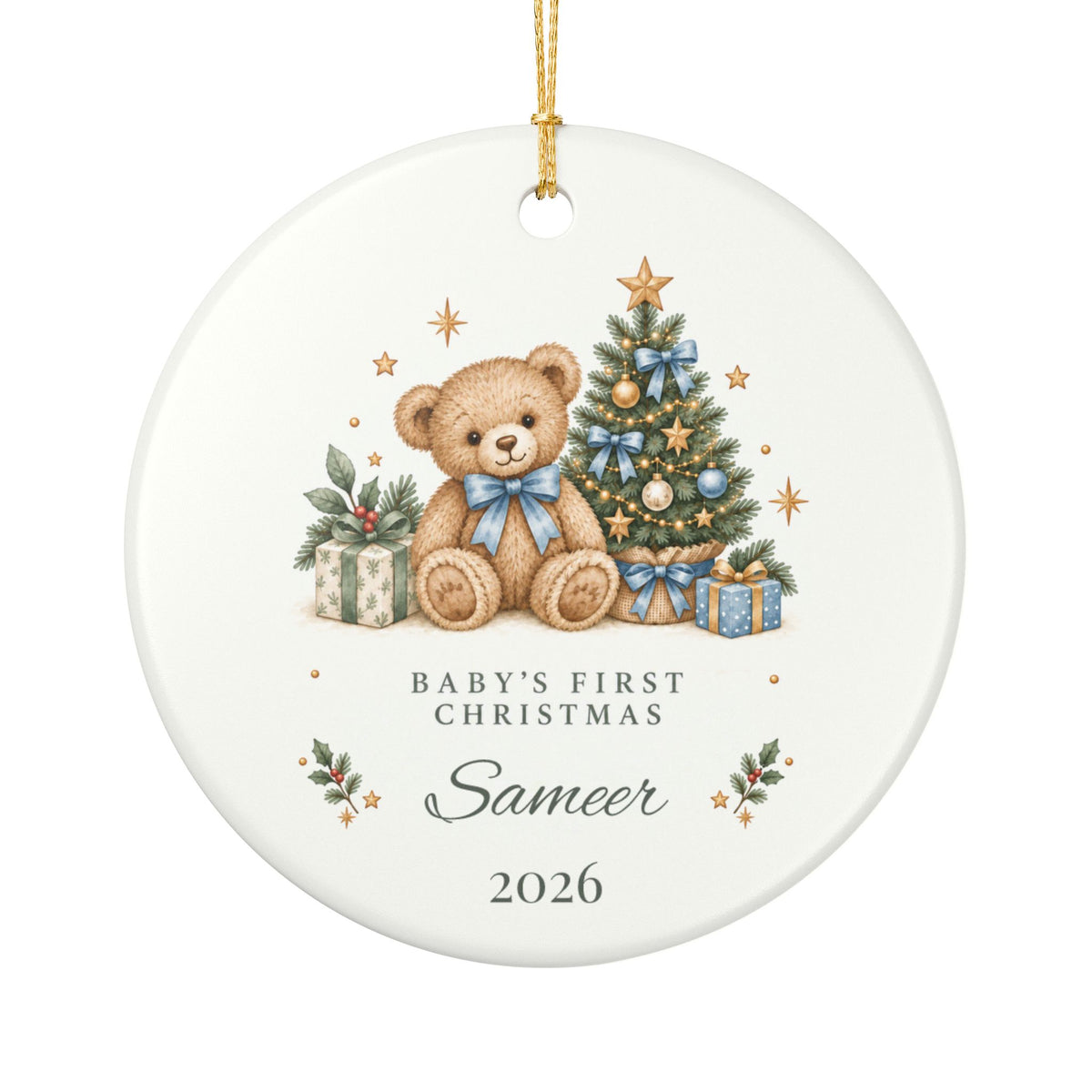 Boy Personalized Baby's First Christmas Ornament, Teddy Bear & Christmas Tree, Custom Name and Year, New Baby Keepsake Gift