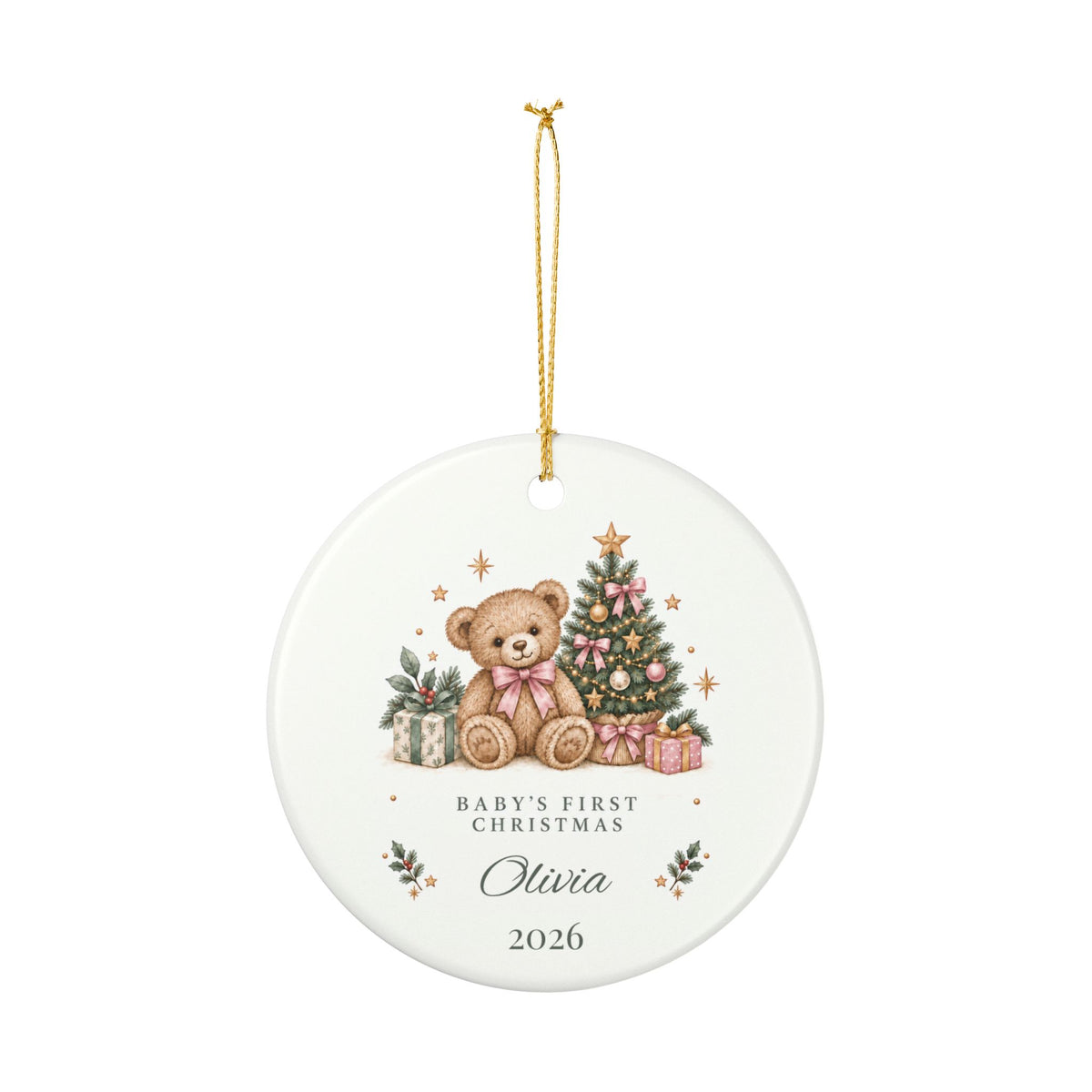Personalized Baby Girl’s First Christmas Ornament — Pink Teddy Bear