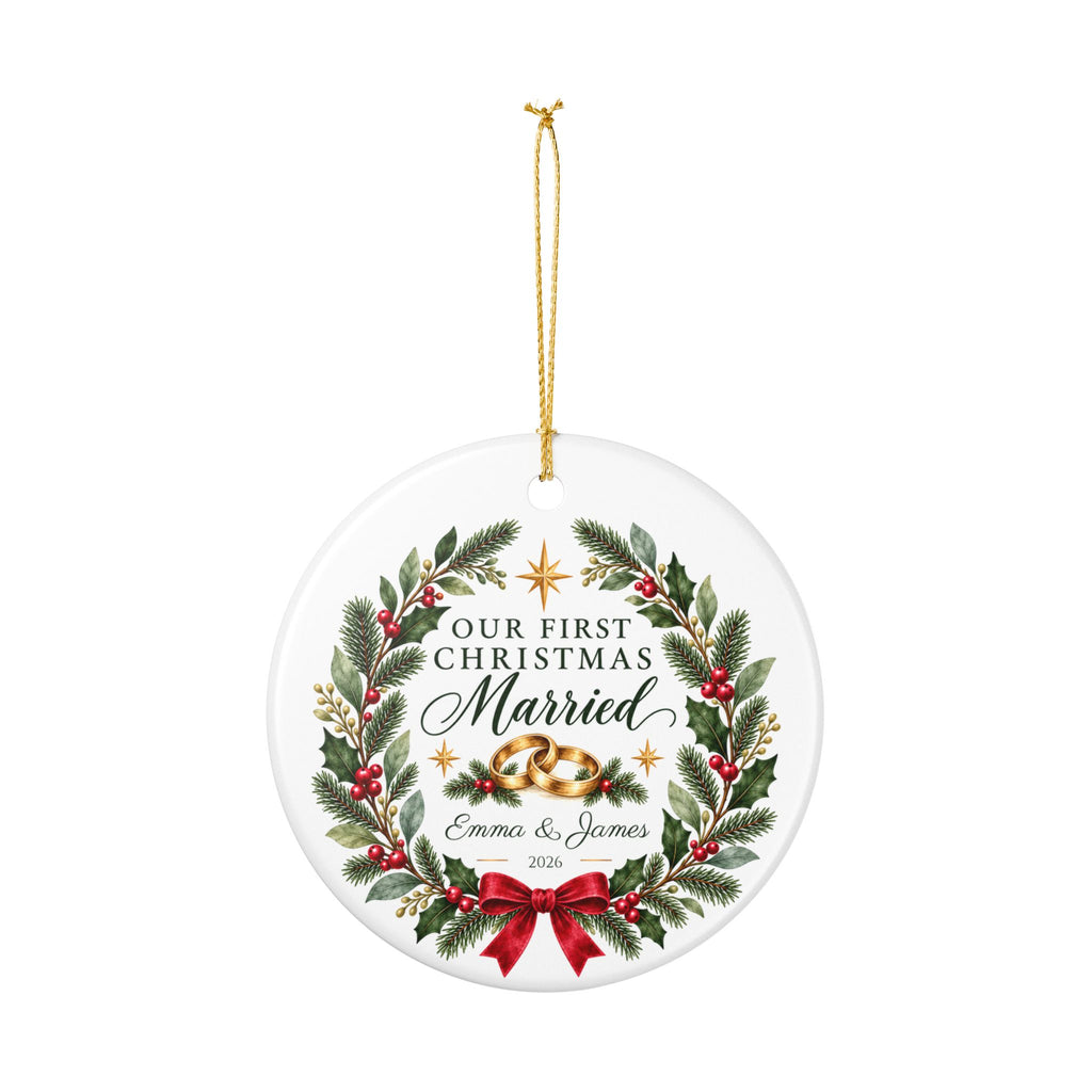 Personalized Our First Christmas Married Ornament — Gold, Silver or Black