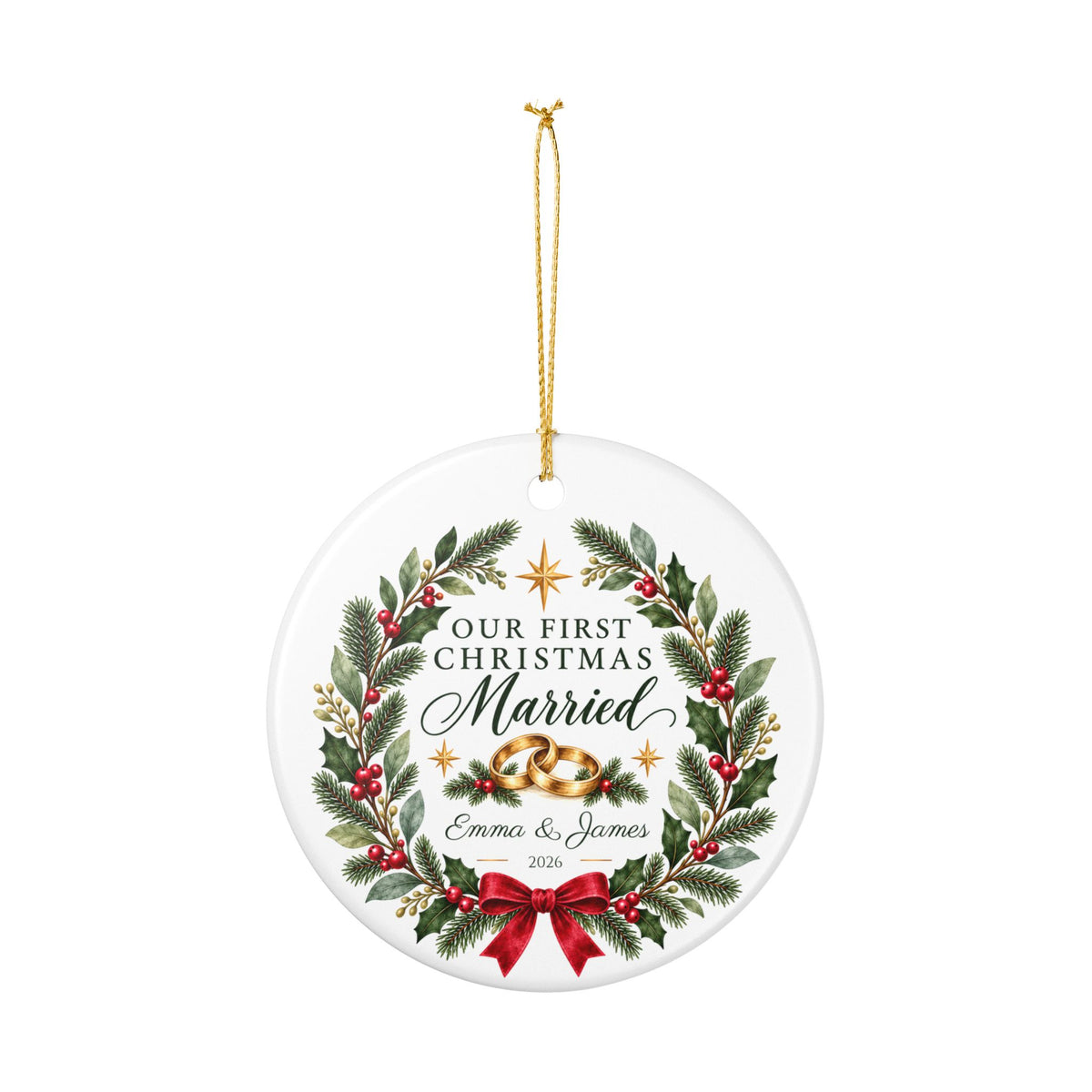 Personalized Our First Christmas Married Ornament — Gold, Silver or Black