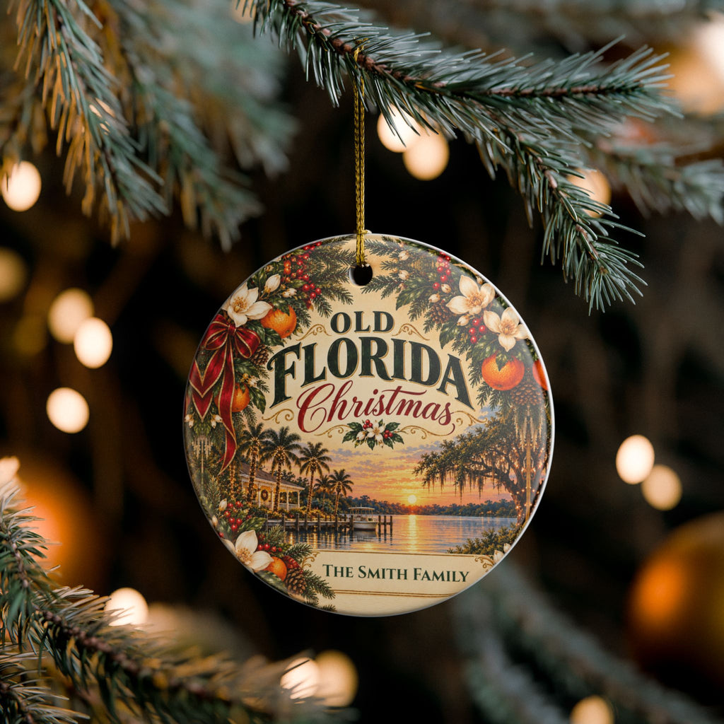 Personalized Old Florida Christmas Ornament, Custom Family Name or Year, Florida Christmas Keepsake, Palm Tree Coastal Gift