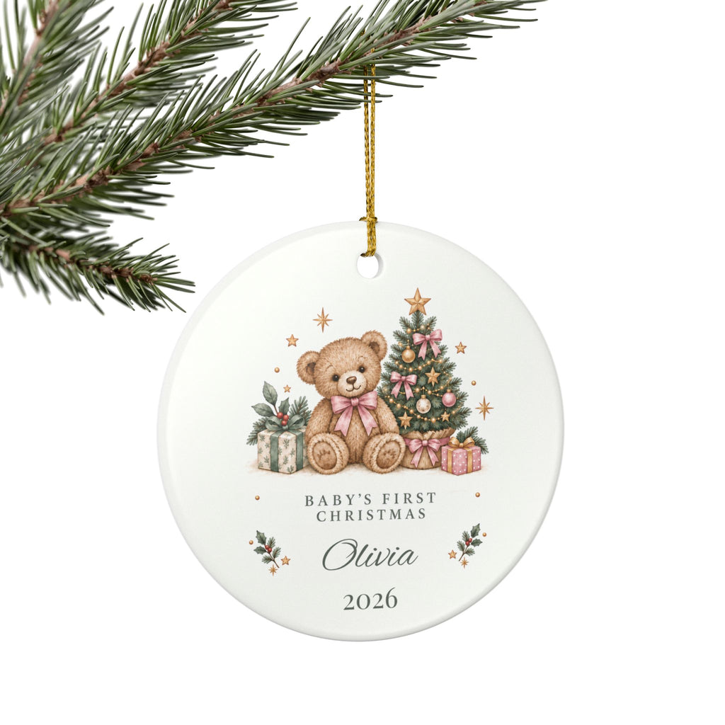 Personalized Baby Girl’s First Christmas Ornament — Pink Teddy Bear