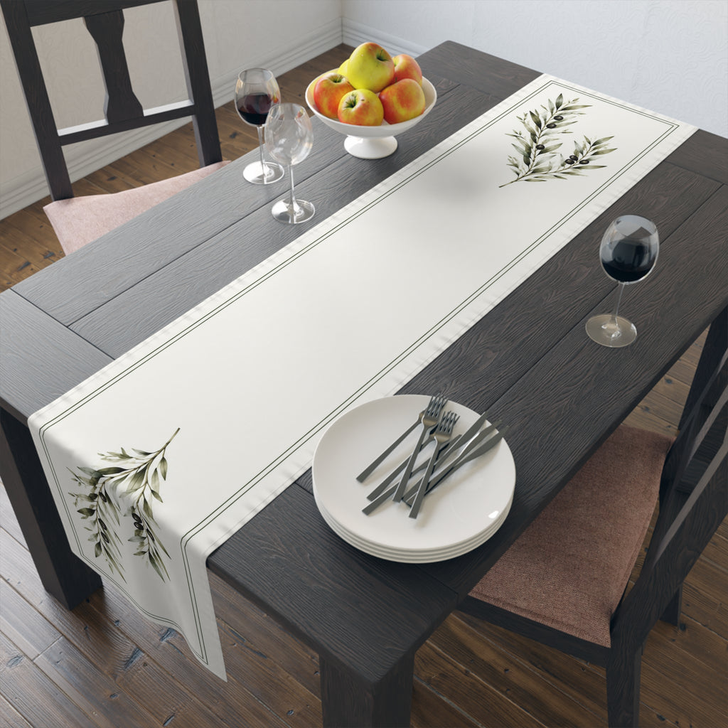 Olive Branch Table Runner, Ivory and Green Botanical Dining Decor, 16 × 72 Inches