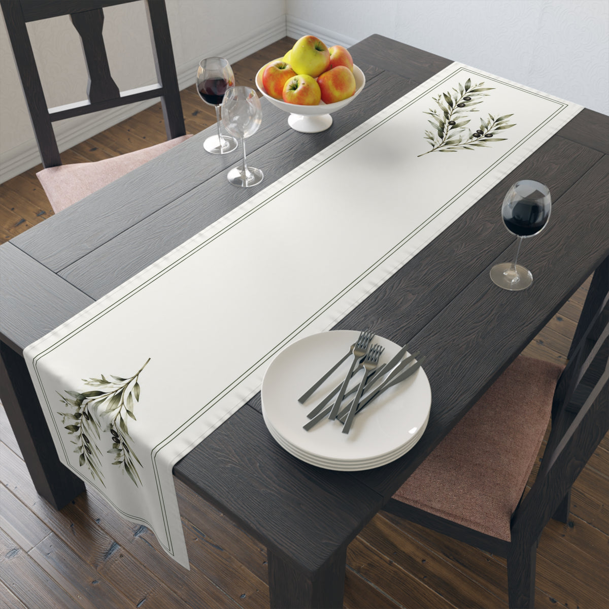 Olive Branch Table Runner, Ivory and Green Botanical Dining Decor, 16 × 72 Inches