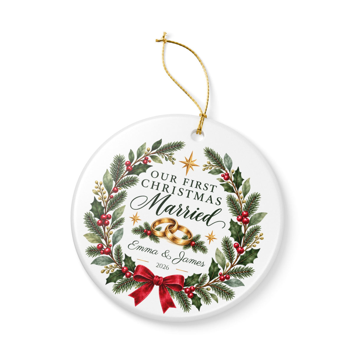 Personalized Our First Christmas Married Ornament — Gold, Silver or Black