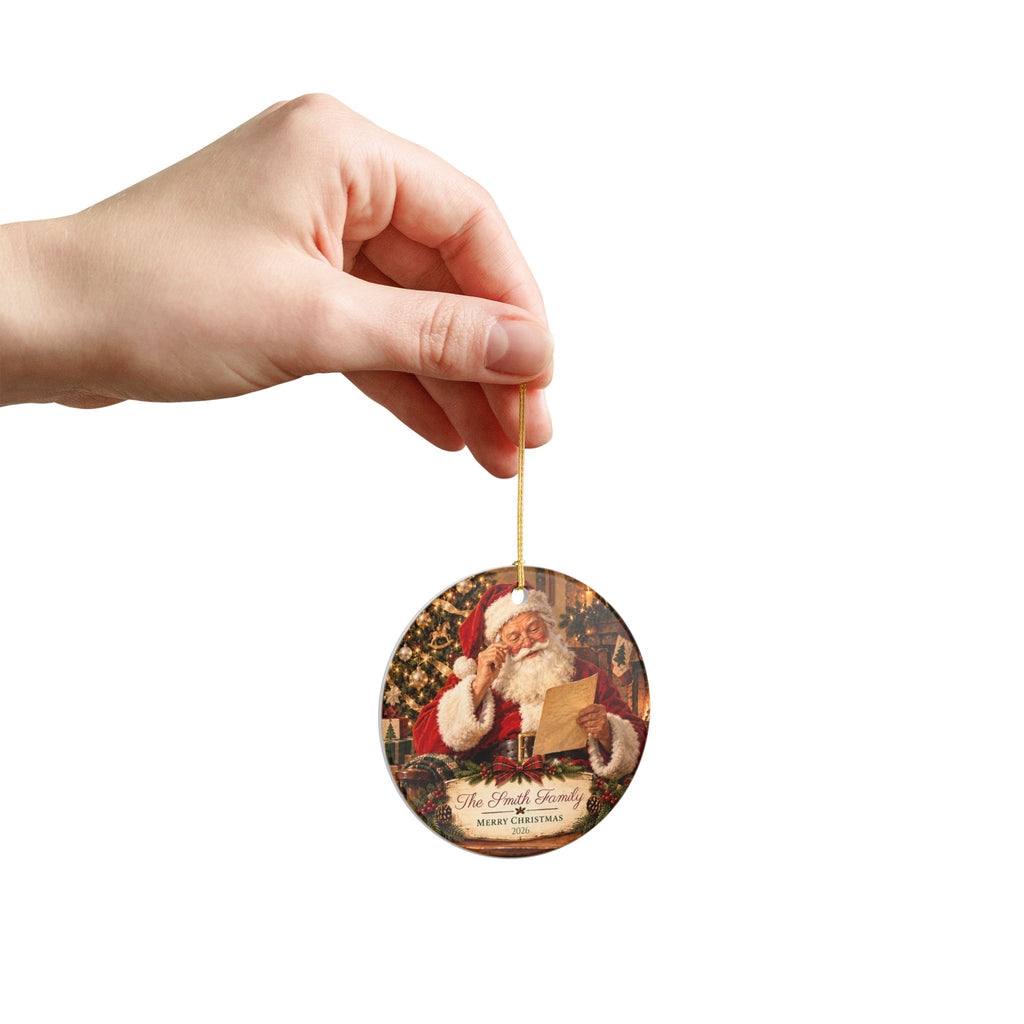 Personalized Family Christmas Ornament, Custom Last Name and Year, Santa Keepsake, Double-Sided Matte Ceramic Ornament