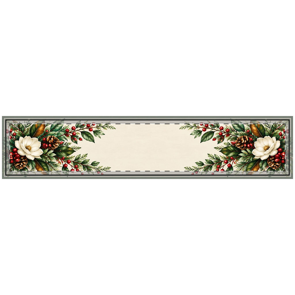 Christmas Magnolia quilted table runner, 14 x 72 inches, ivory center with magnolia, evergreen, pinecone and red berry ends