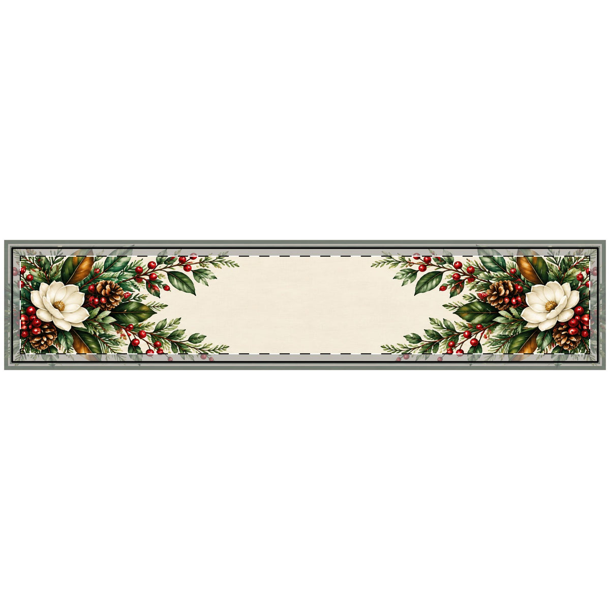 Christmas Magnolia quilted table runner, 14 x 72 inches, ivory center with magnolia, evergreen, pinecone and red berry ends
