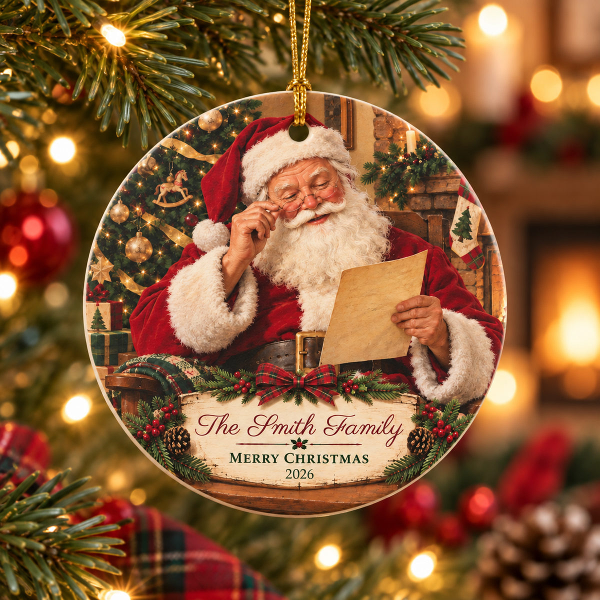 Personalized Family Christmas Ornament, Custom Last Name and Year, Santa Keepsake, Double-Sided Matte Ceramic Ornament