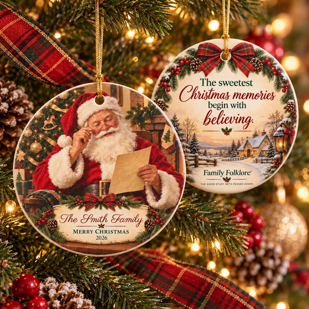 Personalized Family Christmas Ornament, Custom Last Name and Year, Santa Keepsake, Double-Sided Matte Ceramic Ornament