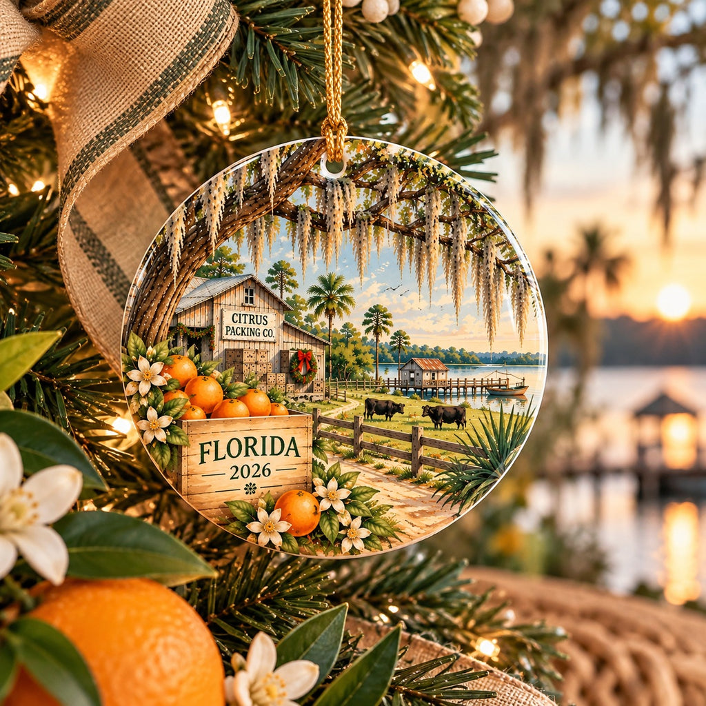 Personalized Old Florida Citrus Christmas Ornament, Custom Year, Orange Grove & Spanish Moss Keepsake by Family Folklore™