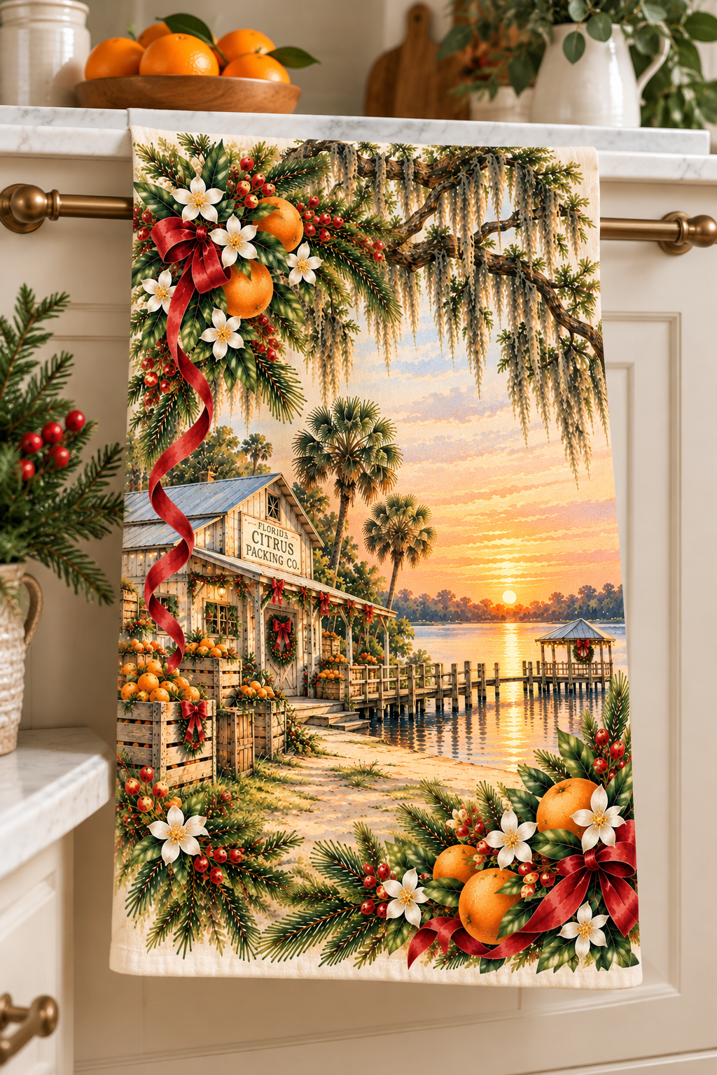 Old Florida Christmas Tea Towel, Vintage Citrus Packing House Watercolor Kitchen Towel, Florida Holiday Decor