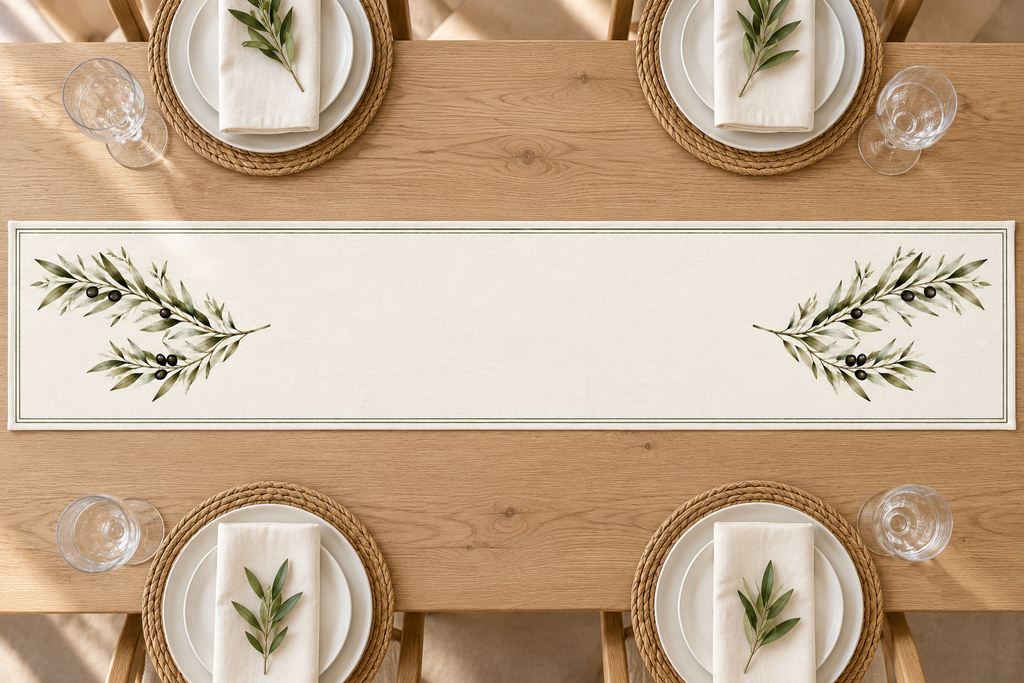Ivory olive branch table runner with a fine green double border on a wooden dining table, set with white plates and folded napkins.