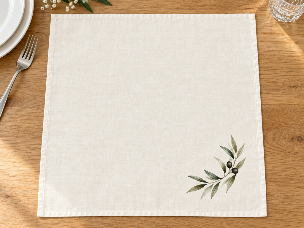 Ivory olive branch napkin laid open on a wooden table, showing a watercolor olive sprig with dark olives in the lower-right corner.