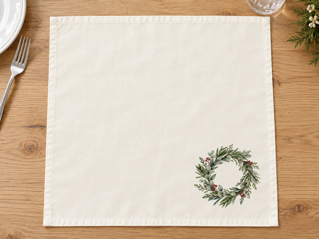 Ivory napkin laid open on a wooden table, showing a watercolor evergreen and eucalyptus wreath with red berries in the lower-right corner.