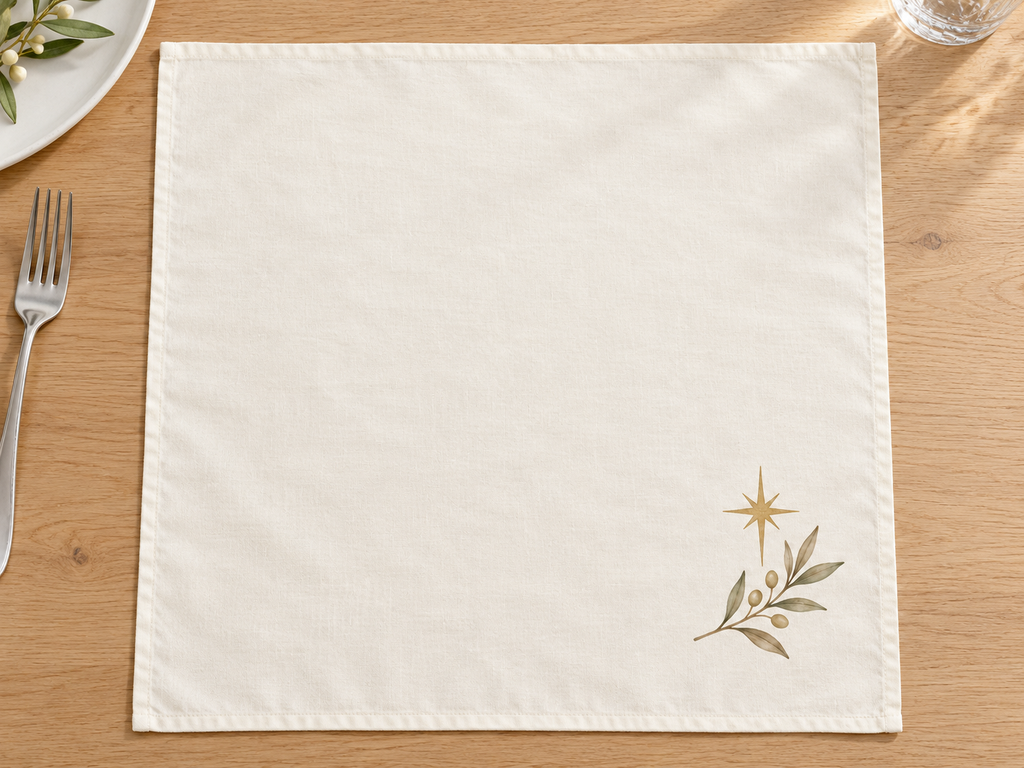 Ivory napkin laid open on a wooden table with a muted gold Bethlehem star and delicate olive sprig printed in the lower-right corner.