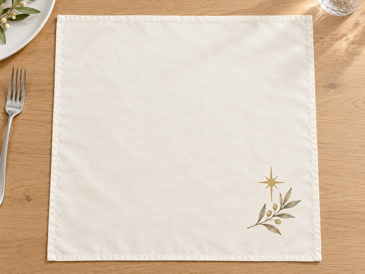 Ivory napkin laid open on a wooden table with a muted gold Bethlehem star and delicate olive sprig printed in the lower-right corner.