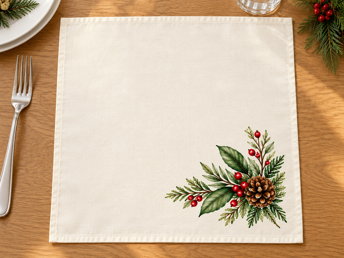 Evergreen Christmas Napkins, Set of 4, Pinecone and Berry Table Decor, 18 × 18 Inches
